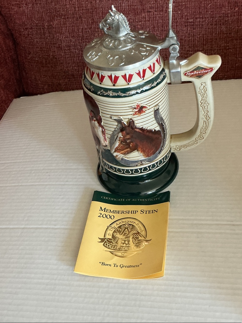 Budweiser Green, Cream and Silver Collector’s Beer Stein with Pewter Lid